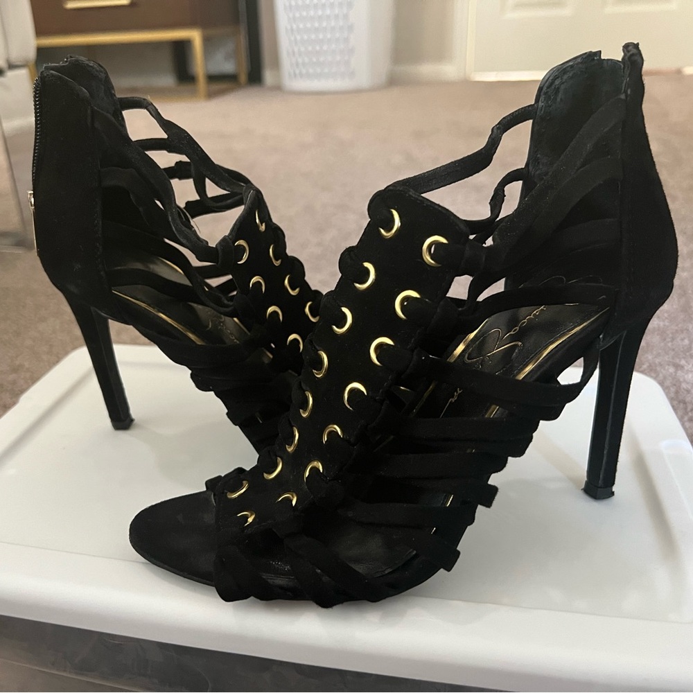 Jessica Simpson suede black and gold stiletto heels